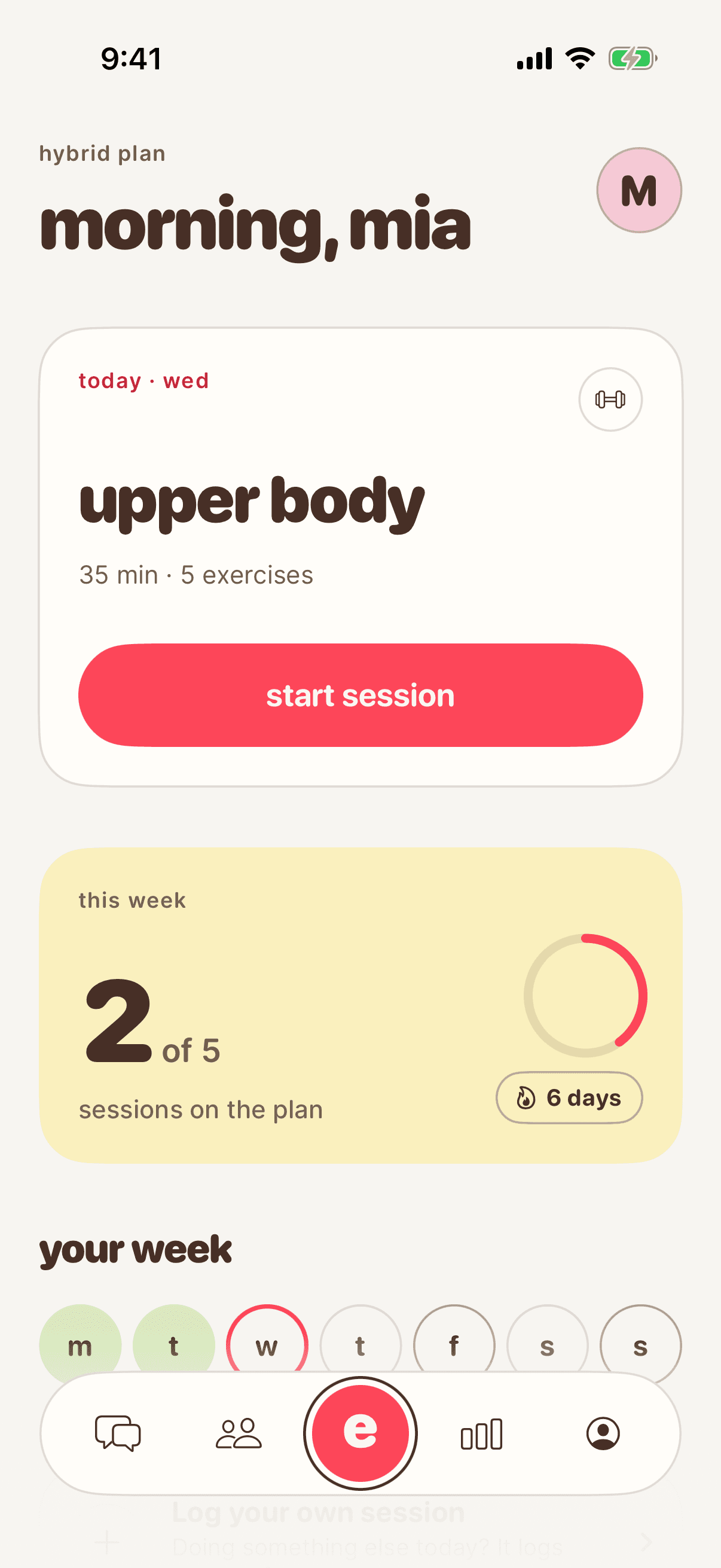 eliite home screen with this week's ring and today's session